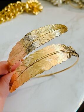 Arm Cuff gold plated Feather embossed 10” to 12” + circumference bracelet